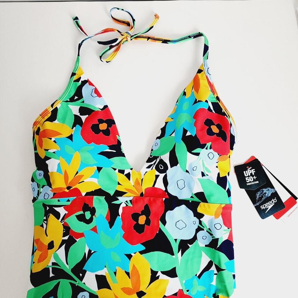 Speedo Floral Halter One-Piece Swimsuit in Black, Red, Yellow, Blue, Green - Picture 5 of 7